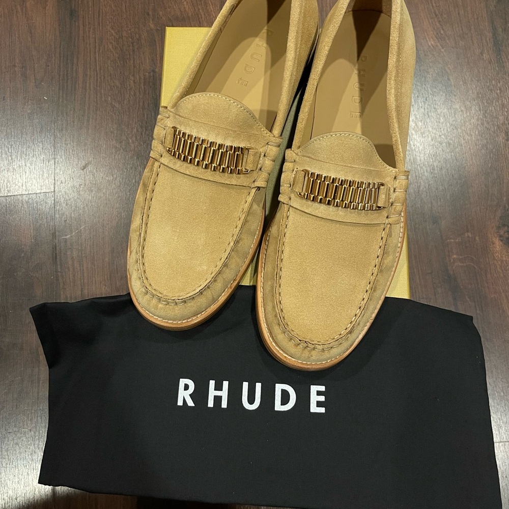 Rhude Beige Suede Loafers with Gold Accent